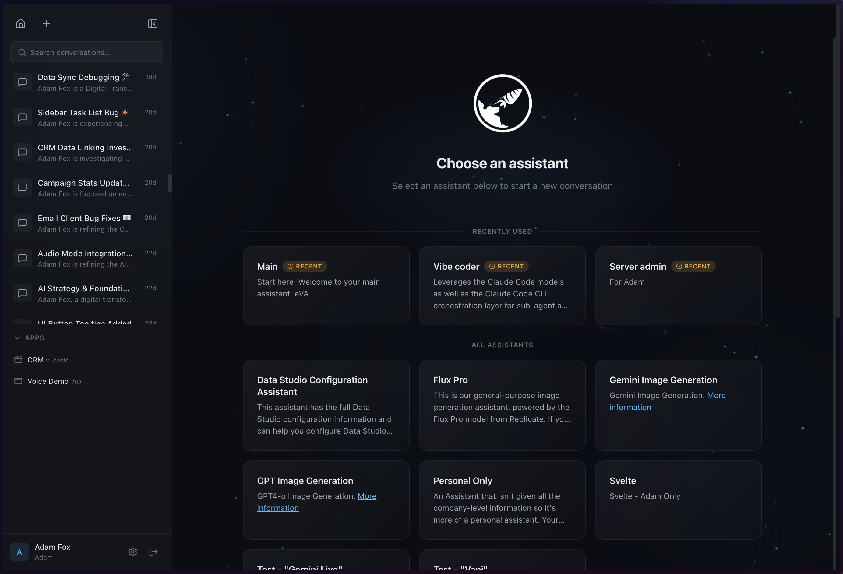 Bitscape AI Chat - main interface showing assistant selection, conversation threads, and AI responses with full business context