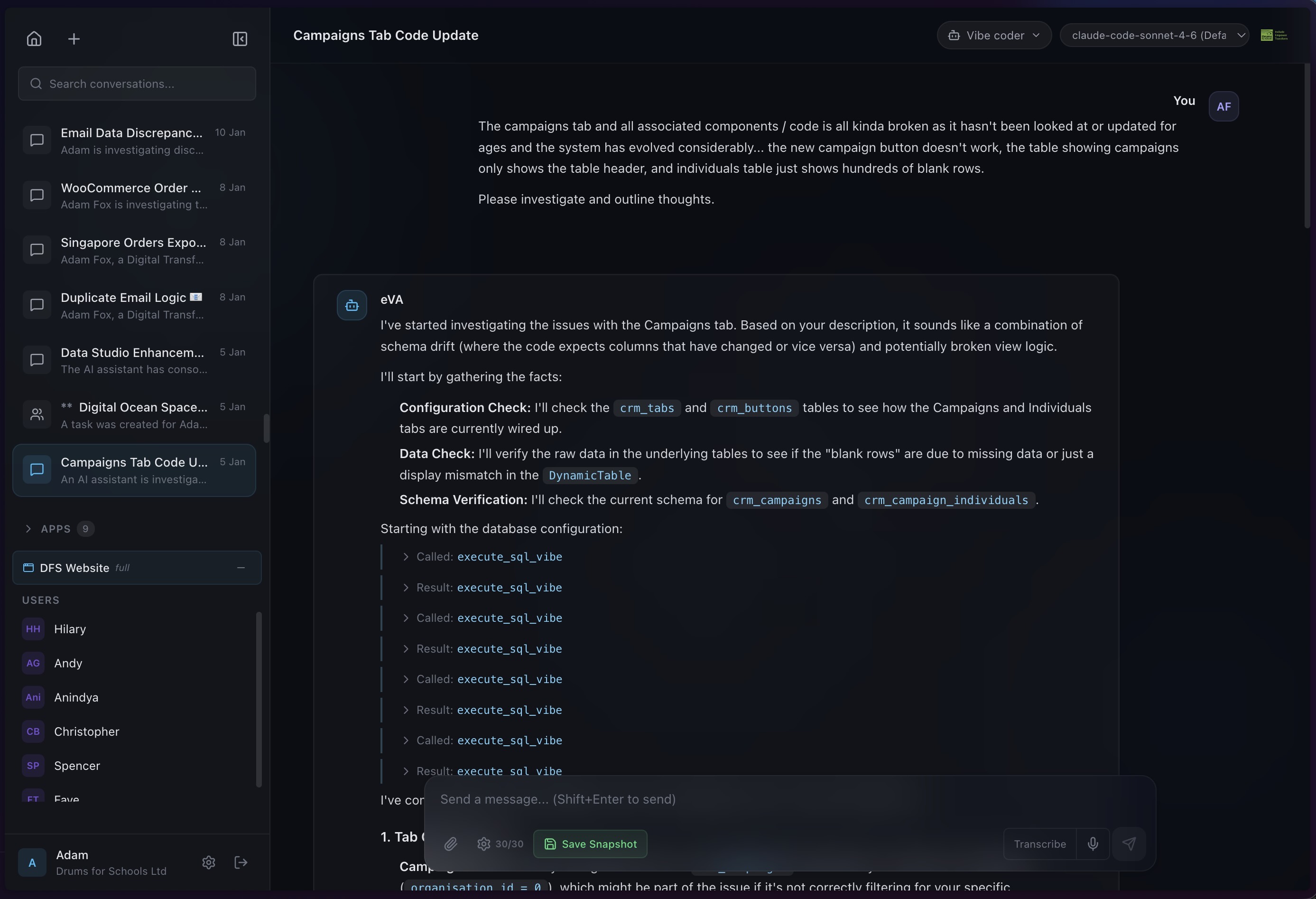 Vibe coding session showing agentic AI executing database queries, function calls, and code generation with transparent tool use