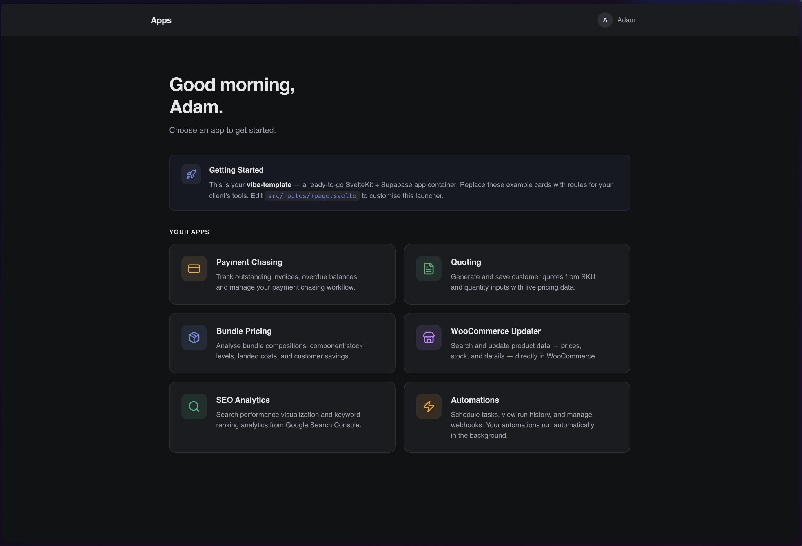Vibe coding environment showing app launcher with custom business applications built through AI conversation